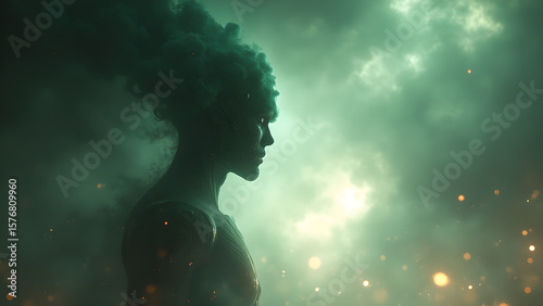 Mystical figure emerging from ethereal smoke amidst a celestial backdrop, evokes surreal beauty and wonder
