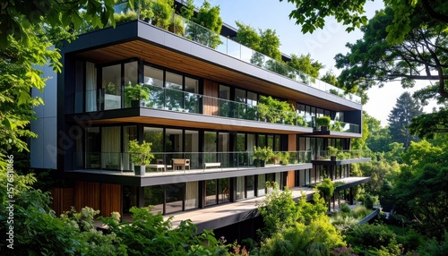 Modern apartment building nestled in lush greenery