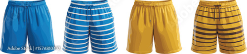 Striped and solid shorts flat vector, colorful beachwear collection illustration, summer swim shorts front view, cad activewear design, elastic waistband drawstring sketch