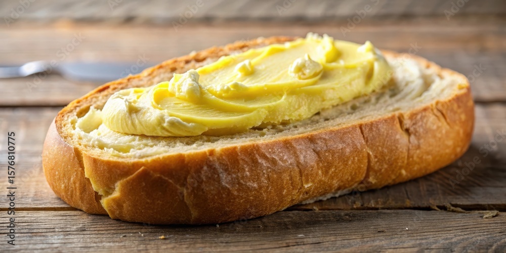 A pat of butter is spread evenly on a crusty loaf of French bread A pat of butter is spread evenly on a crusty loaf of French bread