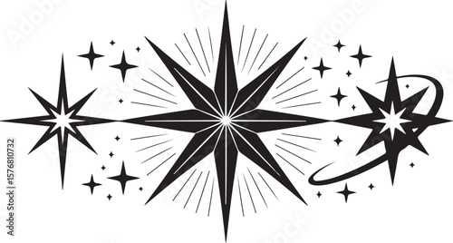 Black and white vector illustration of a navigation compass rose and star symbol design