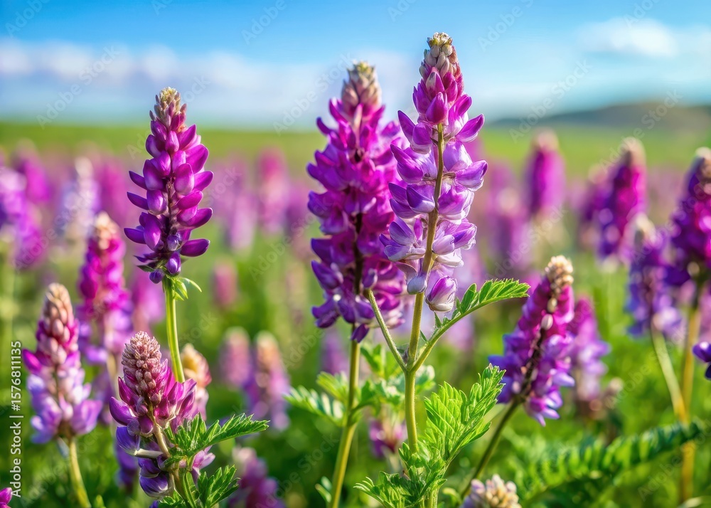 Obraz premium Bunch of Mongolian milkvetch flowers with purple petals and green leaves