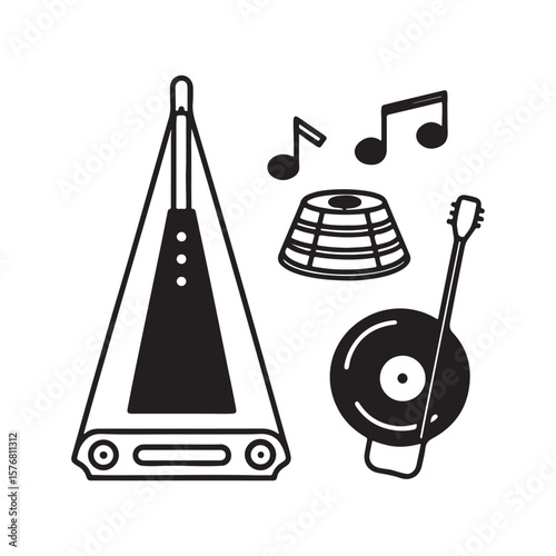 Musical Elements: A captivating illustration featuring diverse musical components including musical instrument, the timeless charm of vinyl records, and the elegance of musical notes.