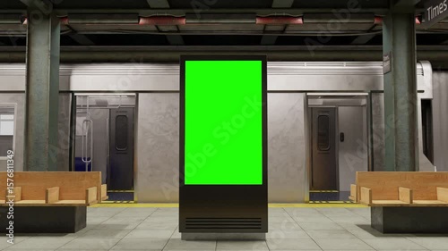 Empty billboard with a green screen for advertising on a subway station. 4k 3D animation 