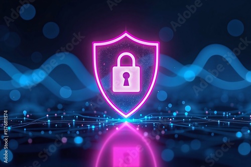 Glowing digital shield lock icon cyber security abstract background