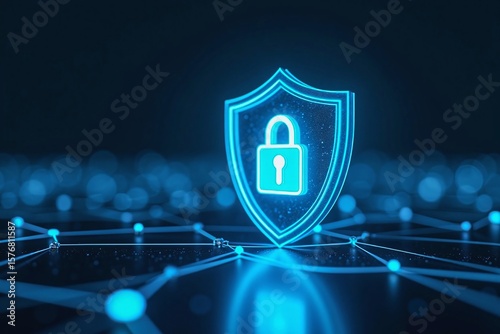 Glowing digital shield lock icon cyber security abstract background