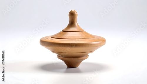 Classic Wooden Spinning Top Toy on White Background Studio Shot with Detail Design
