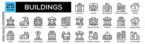 Buildings icon collection set. Containing design Hospital, School, Skyscraper, Office Building, House