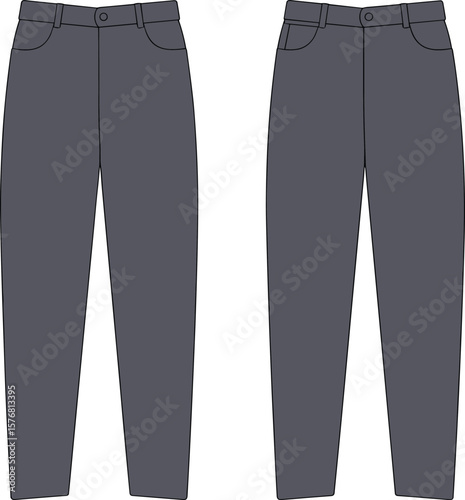 Classic denim jeans flat sketch, cad drawing fashion vector, front and back view, slim fit pants design, pocket detail, casual wear apparel illustration