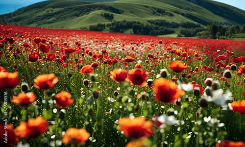 Red poppy field in full bloom under a bright blue sky