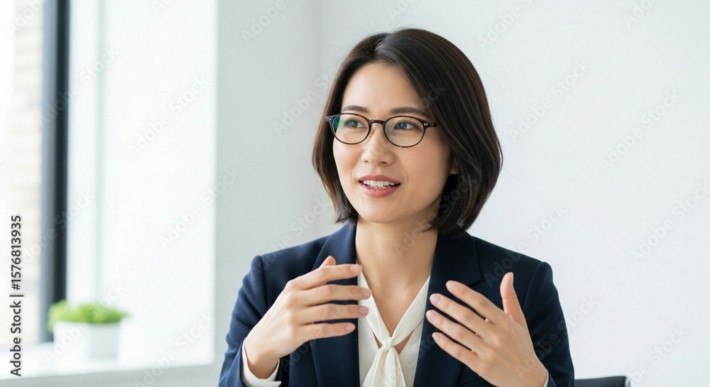 知的な対話、眼鏡をかけた日本人ビジネスウーマンのインタビュー風景 知的な対話、眼鏡をかけた日本人ビジネスウーマンのインタビュー風景
