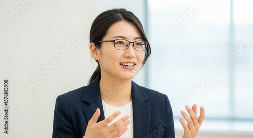 知的な対話、眼鏡をかけた日本人女性社員のインタビュー風景