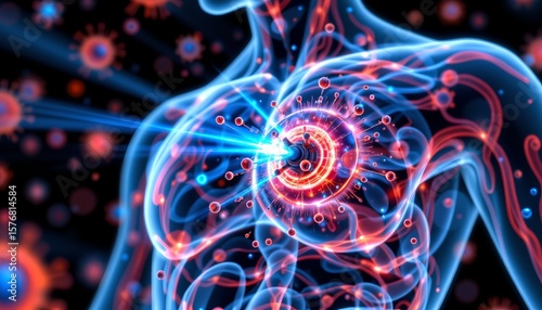 (drug delivery system): nanobots (microscopic robots) delivering medicine to target cells within the human bloodstream, glowing blue energy, vibrant internal view of the body