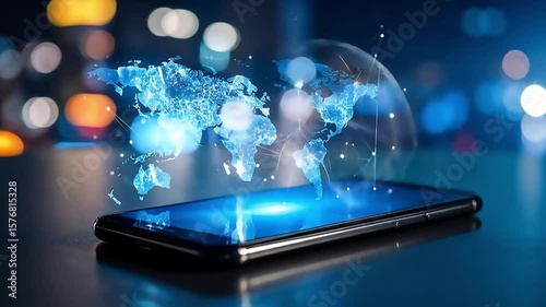 Wallpaper Mural Blue world map projection overlaying a modern smartphone, global network connectivity and mobile technology concept. Torontodigital.ca