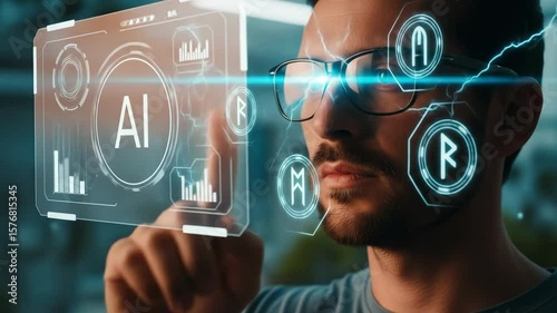 Man interacting with futuristic AI interface, showcasing digital data overlays in urban setting