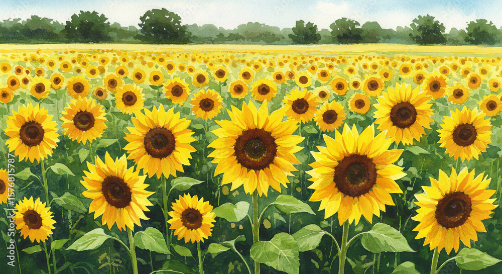 Fototapeta premium Watercolor field of sunflowers under a soft summer sky with warm yellow tones