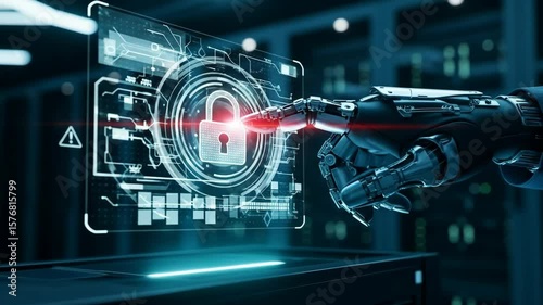 Futuristic robotic hand interacting with a digital security interface in a high-tech server room