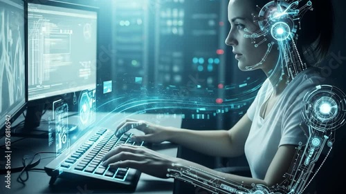 Futuristic woman interacting with holographic technology while working on a computer in a data center