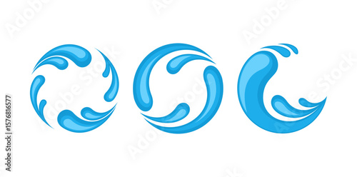 Stylized water drop logo design with rotating fluid shapes. Represents motion, clarity, natural energy—great for environmental branding n modern hydration brands. Blue water drops isolated background
