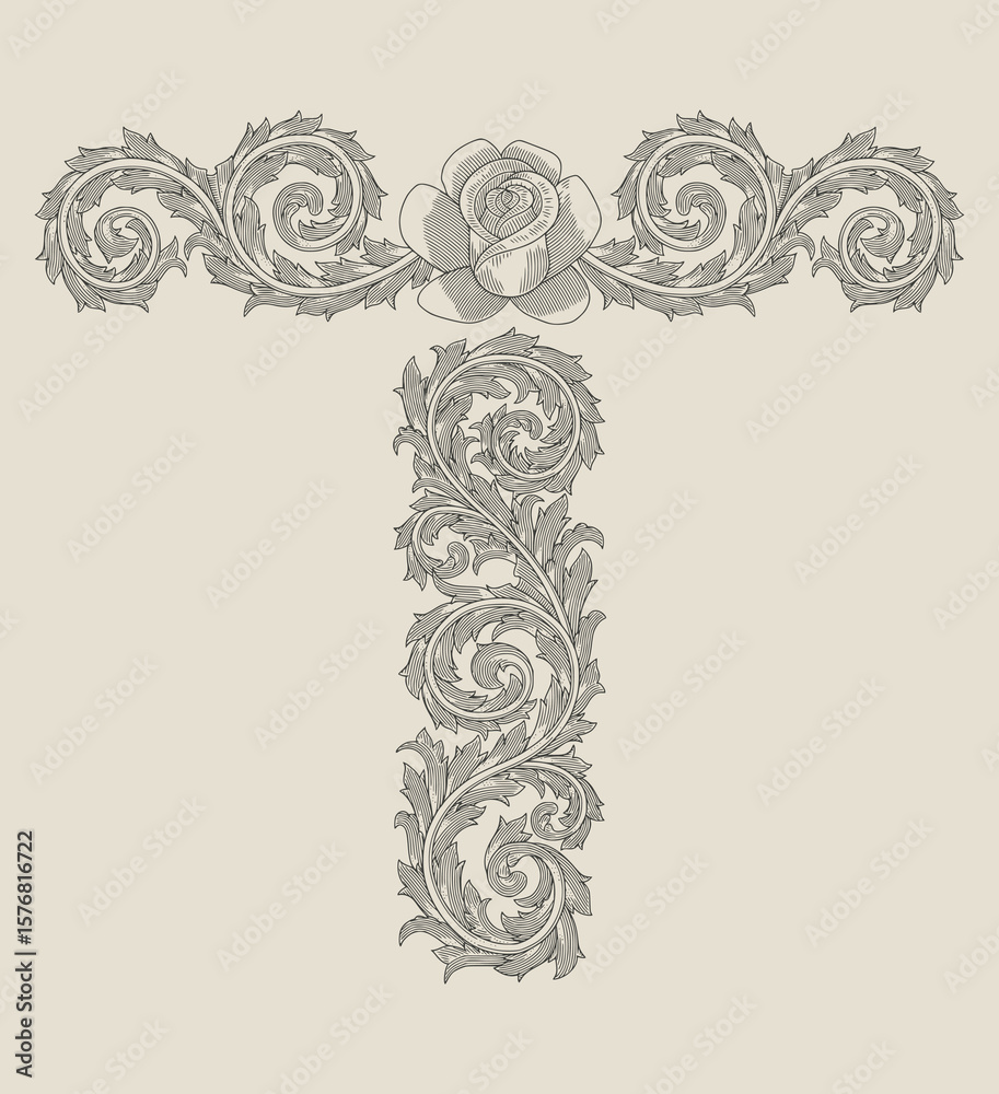 T initial alphabet in floral ornament shape with rose flower,  Vintage engraving drawing style illustration