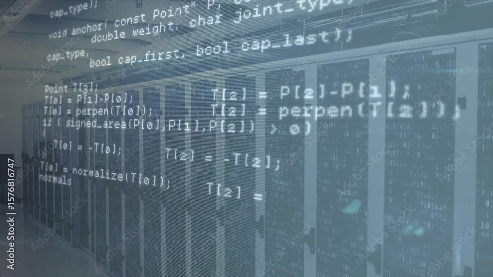C++ code scrolling over server racks revealing network geometry routines illustrating data flow