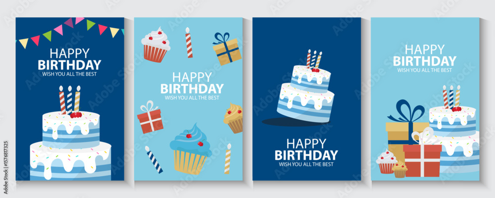 Obraz premium Happy Birthday greeting card, poster or banner. Vector illustration, celebration greeting design with birthday cake for in colorful flat style.Birthday Party Invitation Cards Set witg gift box.