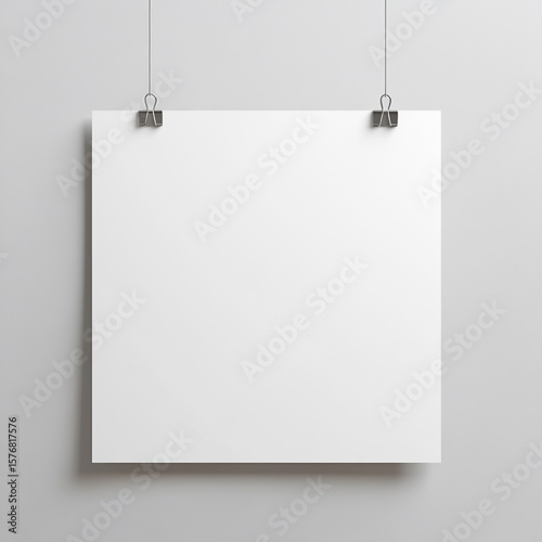 A blank white poster hangs on a grey wall, held by black binder clips.