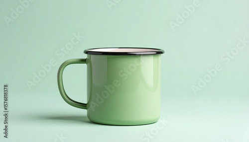 Enameled Metal Mug with Green Body and Black Rim in Studio Setting Against Light Green
