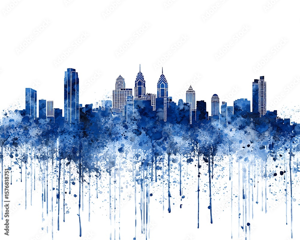 Obraz premium Detailed cityscape illustration of a downtown area in shades of blue.