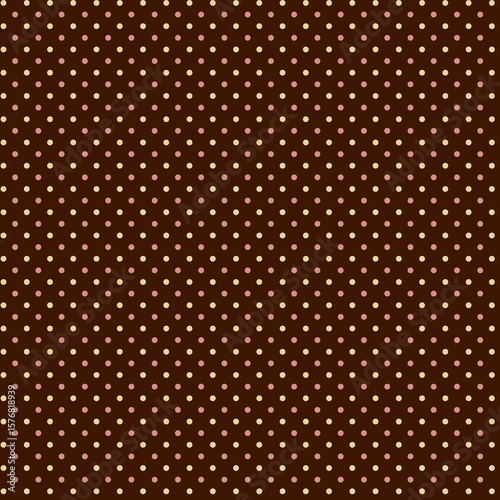 Simple geometric polka dot wallpapers Small pink cream polka dots, flat silhouette circles isolated on a dark chocolate brown background Limited palette of three colors