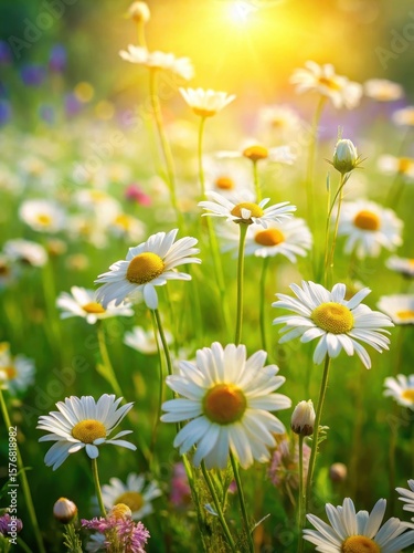 Beautiful chamomile flowers sway gently in a sunny spring meadow