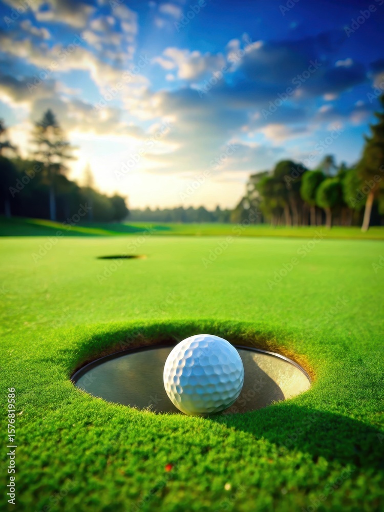 Fototapeta premium A golf ball positioned on a lush green putting surface with a circular hole in the distance