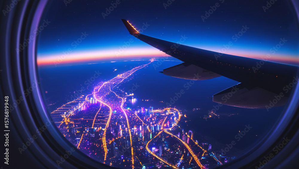 Obraz premium Airplane view city lights night flight travel window seat aerial cityscape skyline destination journey