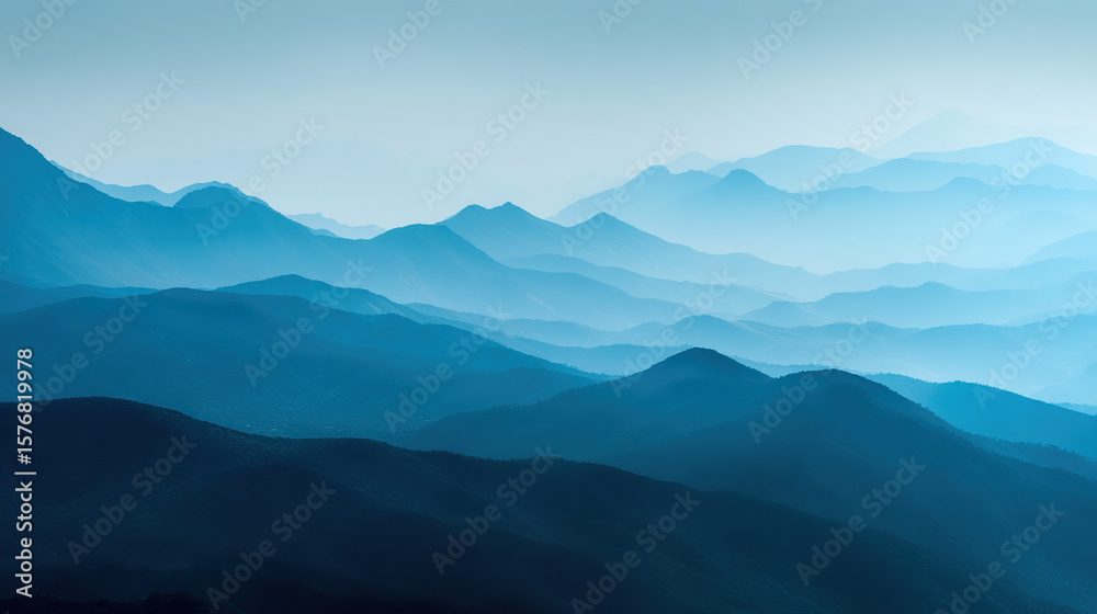 Fototapeta premium Serene layered mountain ranges in blue tones misty horizon landscape background