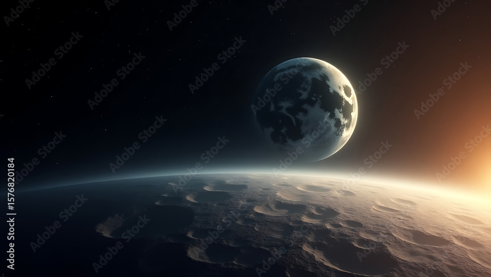 Fototapeta premium Distant planet with craters and a glowing atmosphere in deep space