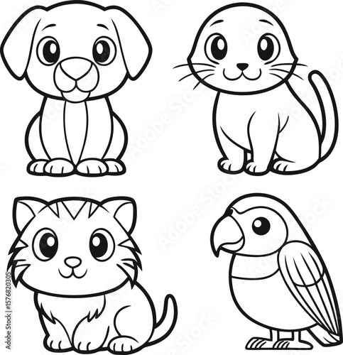 Adorable cartoon pets puppy kitten cat parrot coloring page