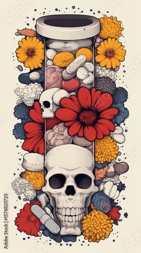 Dark Gothic Cartoon Medical Technology with Flowers and Skull Elements