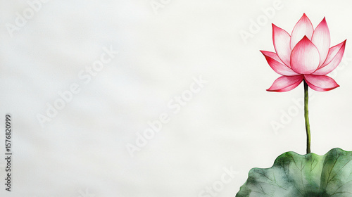 Elegant Pink Lotus Flower on Soft White Background with Green Leaf Details, Representing Beauty, Serenity, and Natural Artistry for Various Uses