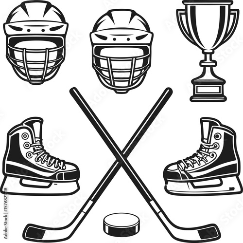 Hockey equipment icons championship trophy skates sticks