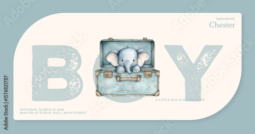 Adorable Baby Shower Invitation for Boy with Watercolor Elephant in Suitcase, Blue and Cream Theme