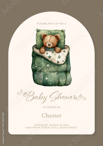 Cute Watercolor Baby Shower Invitation with Teddy Bear in Green Star Blanket, Neutral Theme for Baby Boy