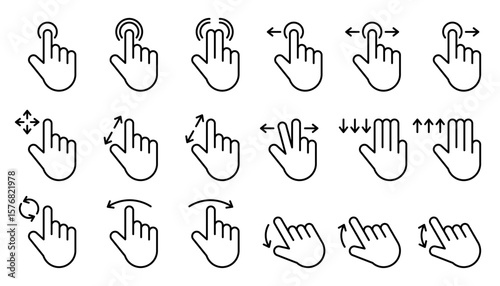 Hand touchscreen gestures with arrow icon set. Pointer cursor сomputer mouse icon. Clicking cursor, pointing hand clicks icons. Click cursor. Vector Illustration.