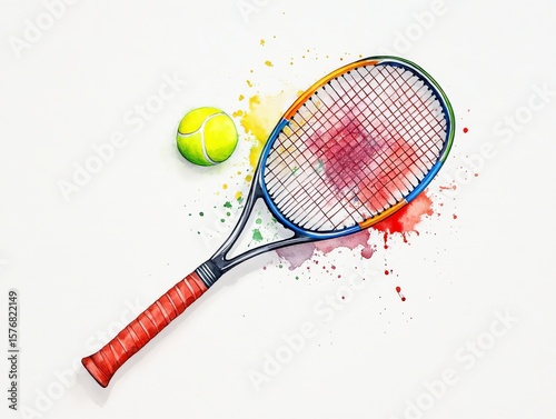 Hand-Drawn Watercolor Tennis Racket and Ball with Colorful Splashes