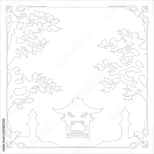 Isekai anime-styled black and white vector corner framework silhouettes.  Modern, geometric, minimalist styles for borders, frames, and certificate decorations.  Elegant, expressive composition.
