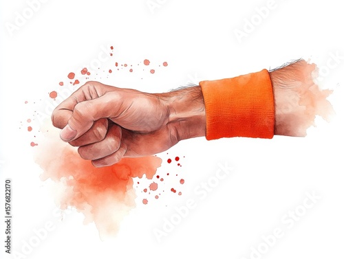 Hand Drawn Watercolor of Clenched Fist with Orange Wristband in Chaos Style
