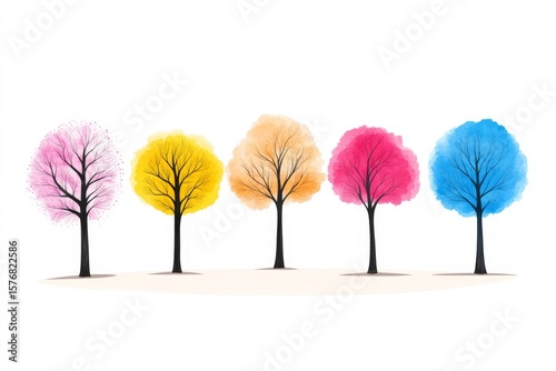 Colorful Hand-Drawn Watercolor Trees with Unique Chaotic Designs