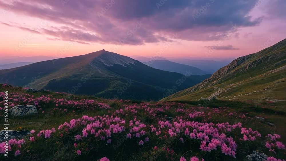 Mountaintop landscape with vibrant pink flowers at sunset. Mountaintop landscape with vibrant pink flowers at sunset.