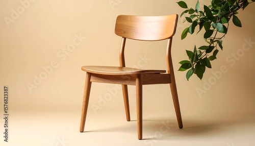 Light Brown Wooden Chair with Green Foliage in Studio Against Beige Background