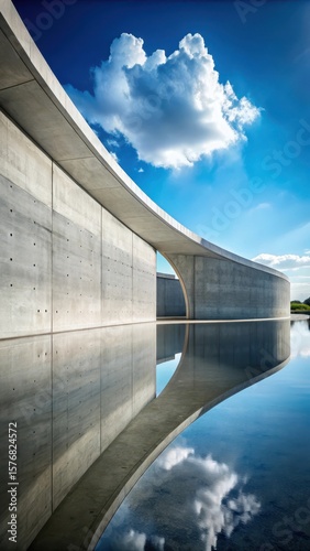 Concrete Facade with Curved Walls and Sky Reflections