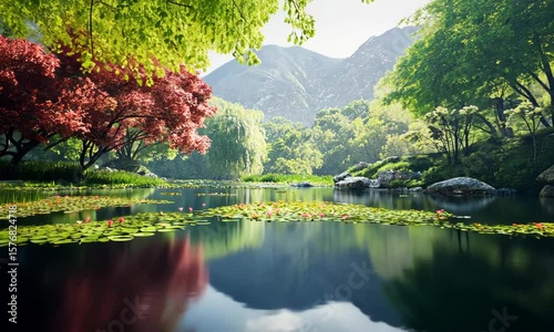 Green forest trees and their peaceful reflection in a serene mountain lake